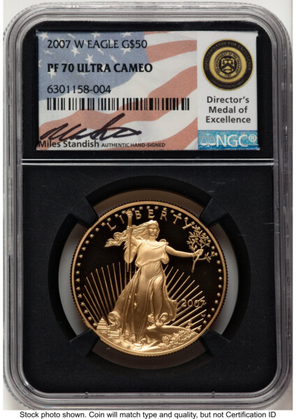 2007-W Proof Gold Eagle 1 oz Miles Standish Blk Core 70 NGC