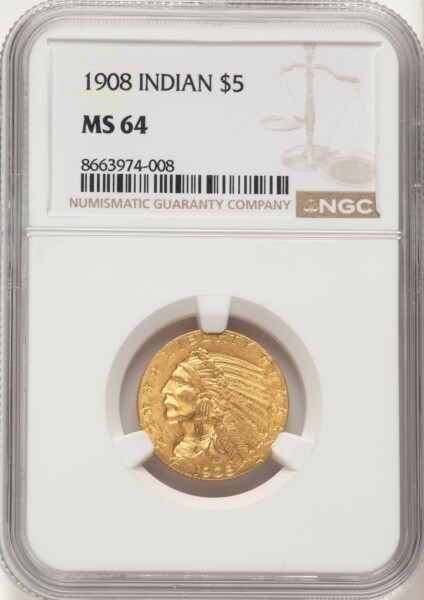 1908 $5 Indian, MS 64 NGC