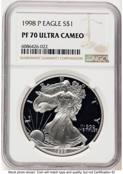 1998-P Proof Silver Eagle 1 oz Brown Label 70 NGC