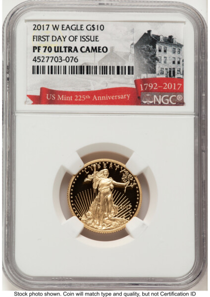 2017-W Proof Gold Eagle 1/4 oz FDI 225th Anniversary Label 70 NGC