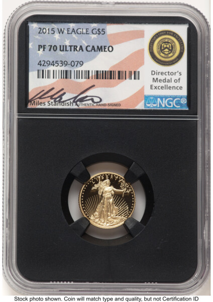 2015-W Proof Gold Eagle 1/10 oz Miles Standish Blk Core 70 NGC