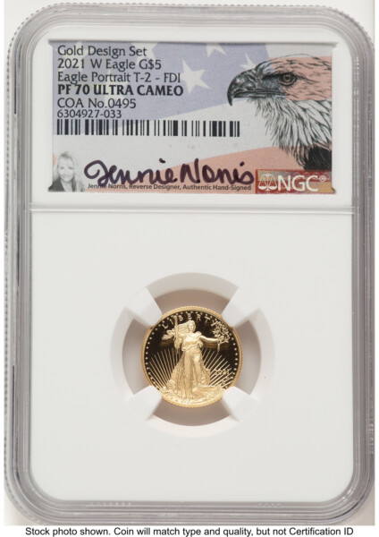 2021-W Type 2 Proof Gold Eagle 1/10 oz FDI Jennie Norris Eagle Flag 70 NGC