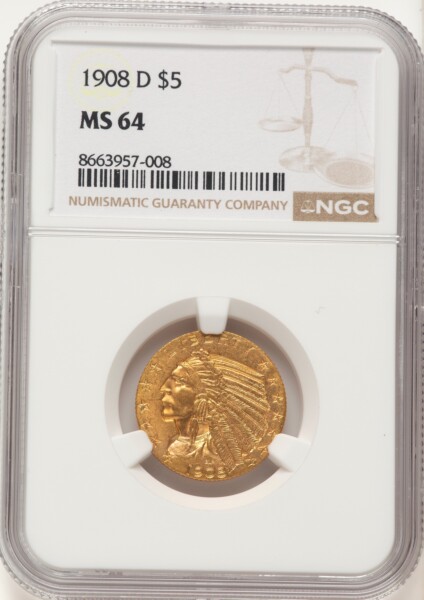 1908-D $5 64 NGC