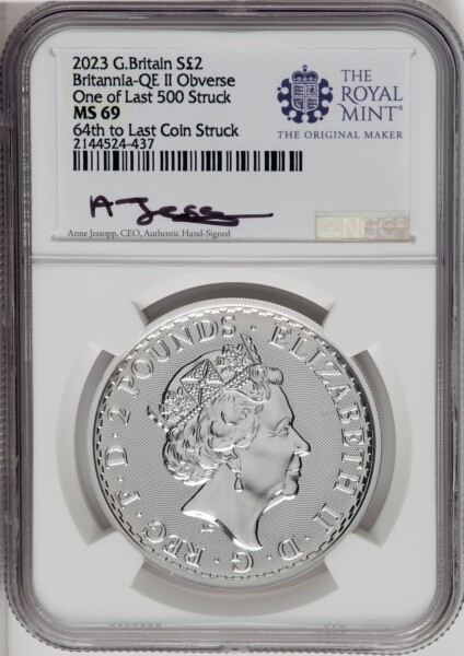 2023 G.B. S2 BRITANNIA-QE II OBVERSE 60TH TO LAST COIN STRUCK. 69 NGC