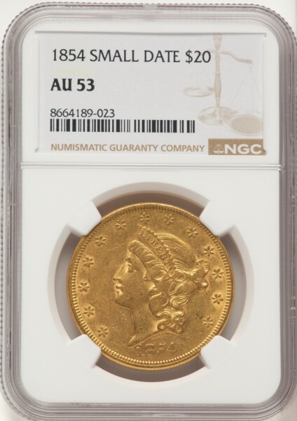 1854 $20 Small Date 53 NGC