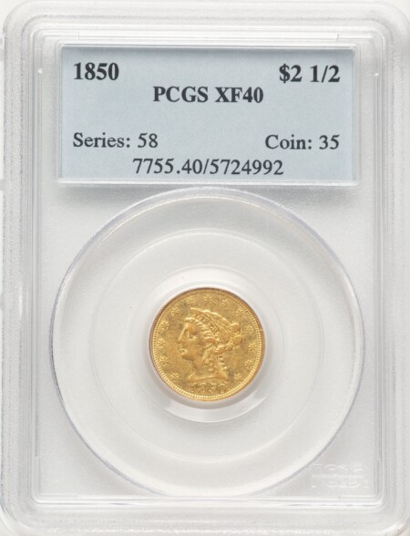1850 $2 1/2 Blue Label 40 PCGS