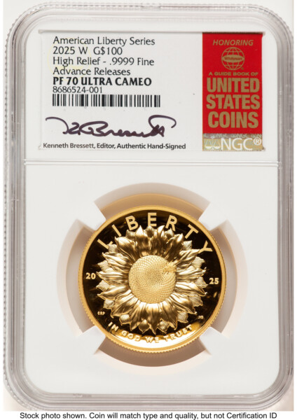 2025-W G$100 American Liberty High Relief, DC AR Kenneth Bressett Red Book 70 NGC