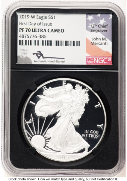 2019-W Proof Silver Eagle 1 oz FDI John Mercanti Blk Core 70 NGC