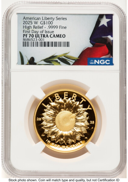 2025-W G$100 American Liberty High Relief, DC FDI Bunting Flag 70 NGC