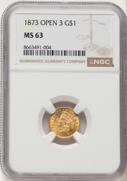1873 G$1 OPEN 3, MS 63 NGC