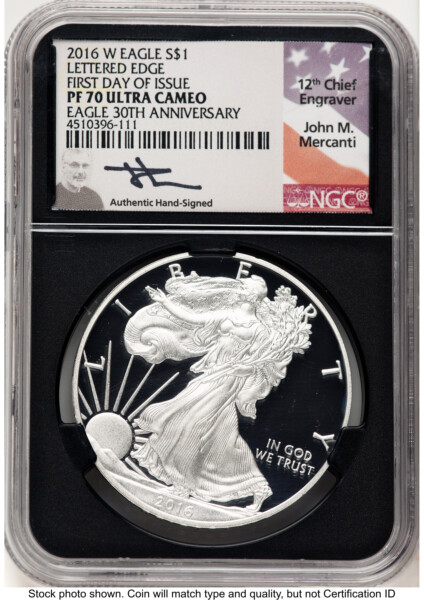 2016-W Proof Silver Eagle 1 oz FDI John Mercanti Blk Core 70 NGC
