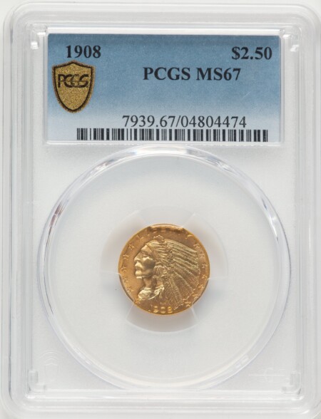 1908 $2 1/2 PCGS Secure 67 PCGS