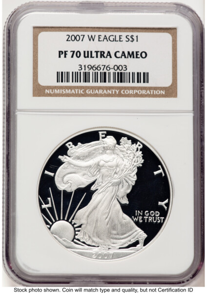 2007-W Proof Silver Eagle 1 oz Brown Label 70 NGC