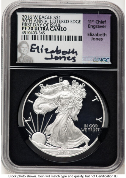 2016-W Proof Silver Eagle 1 oz FDI Elizabeth Jones Blk Core 70 NGC