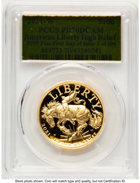 2021-W G$100 American Liberty High Relief, DC FDI Gold Foil 1 of 100 70 PCGS