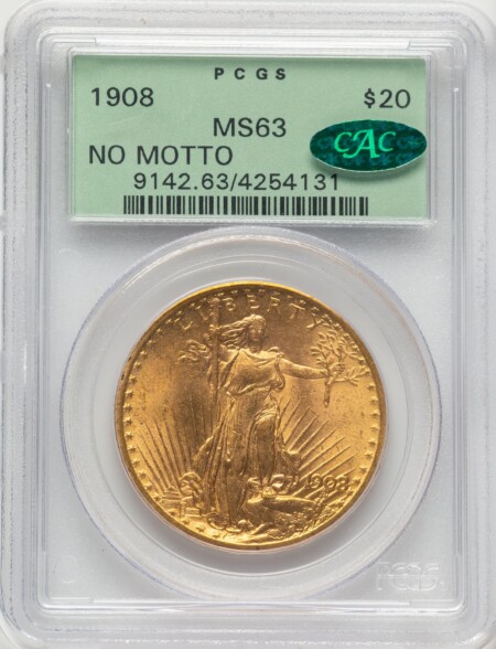 1908 $20 NO MOTTO CAC Green Label 63 PCGS