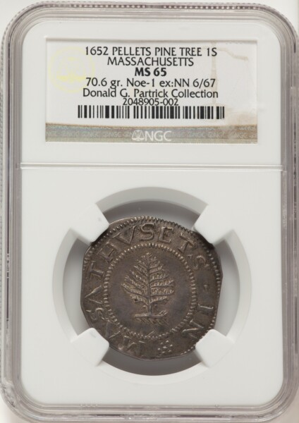 1652 Pine Tree Shilling, Large Planchet, Pellets 65 NGC