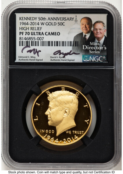 2014-W 50C Gold JFK 50th Anniversary Ed Moy/David J Ryder Mint Director's Series Blk Core 70 NGC