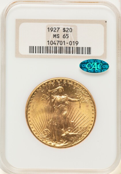 1927 $20 CAC Brown Label 65 NGC