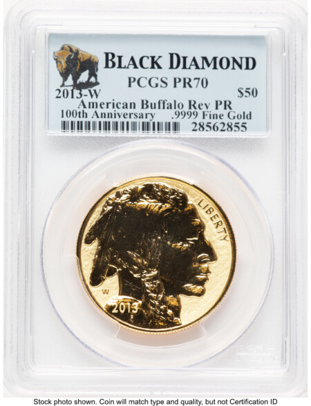 2013-W Reverse Proof Gold Buffalo 1 oz Black Diamond Bison Label 70 PCGS
