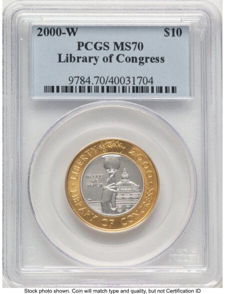 2000-W $10 Library of Congress Bi-Metallic Gold 0.2509 oz and Platinum 0.2509 oz, MS Blue Label 70 PCGS