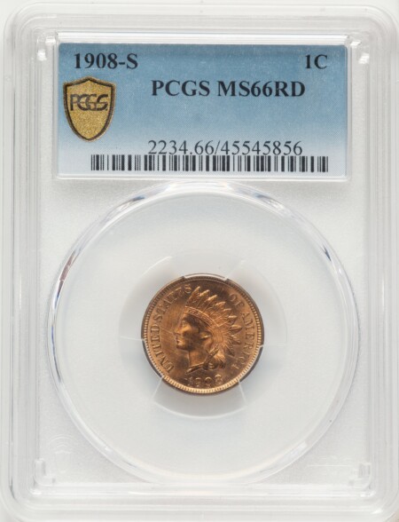 1908-S 1C, RD PCGS Secure 66 PCGS