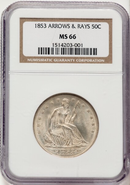 1853 50C Arrow and Rays, MS 66 NGC