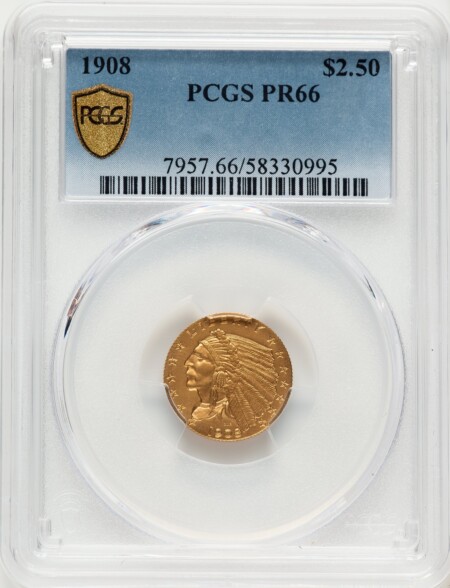 1908 $2 1/2 PCGS Secure 66 PCGS