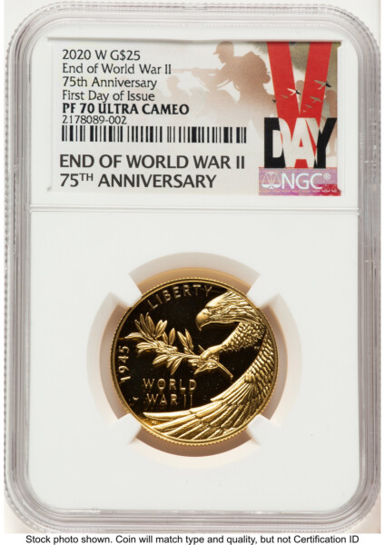 2020-W 1/2 oz Proof Gold End of World War II 75th Anniversary FDI V-Day Label 70 NGC