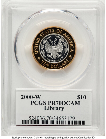 2000-W $10 Library of Congress Bi-Metallic Gold 0.2509 oz and Platinum 0.2509 oz, PR John Mercanti 70 PCGS