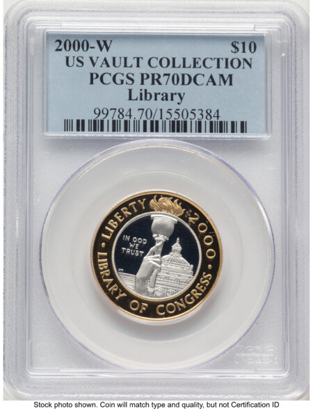 2000-W $10 Library of Congress Bi-Metallic Gold 0.2509 oz and Platinum 0.2509 oz, PR US Vault Collection Blue Label 70 PCGS
