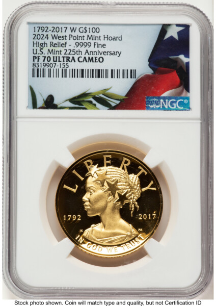 2017-W G$100 American Liberty High Relief, DC 2024 West Point Mint Hoard Bunting Flag 70 NGC