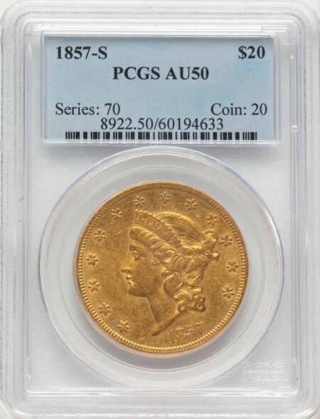 1857-S $20 Blue Gradient 50 PCGS