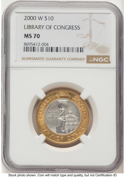 2000-W $10 Library of Congress Bi-Metallic Gold 0.2509 oz and Platinum 0.2509 oz, MS Brown Label 70 NGC