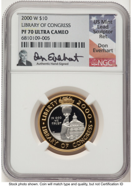 2000-W $10 Library of Congress Bi-Metallic Gold 0.2509 oz and Platinum 0.2509 oz, PR Don Everhart 70 NGC