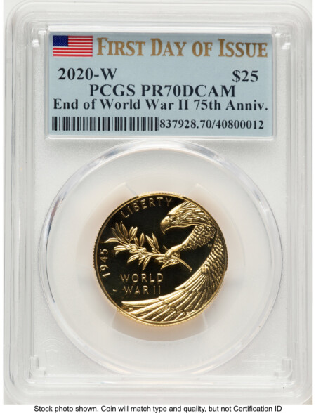 2020-W 1/2 oz Proof Gold End of World War II 75th Anniversary FDI Flag 70 PCGS