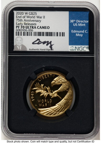 2020-W 1/2 oz Proof Gold End of World War II 75th Anniversary ER Ed Moy Blk Core 70 NGC