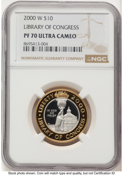 2000-W $10 Library of Congress Bi-Metallic Gold 0.2509 oz and Platinum 0.2509 oz, PR Brown Label 70 NGC