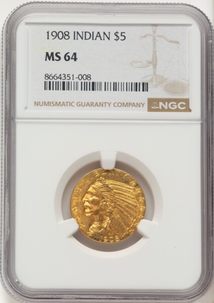 1908 $5 Indian, MS 64 NGC
