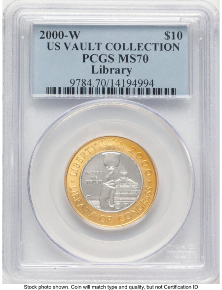 2000-W $10 Library of Congress Bi-Metallic Gold 0.2509 oz and Platinum 0.2509 oz, MS US Vault Collection Blue Label 70 PCGS