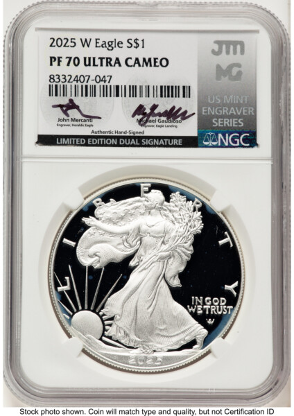2025-W Proof Silver Eagle 1 oz John Mercanti/Michael Gaudioso US Mint Engraver Series 70 NGC