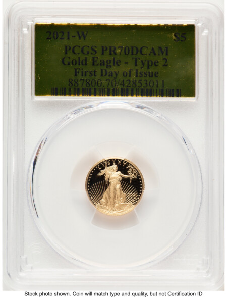 2021-W Type 2 Proof Gold Eagle 1/10 oz FDI Gold Foil 70 PCGS