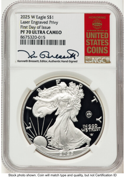 2025-W Proof Silver Eagle Privy Laser Engraved 1 oz FDI Kenneth Bressett Red Book 70 NGC