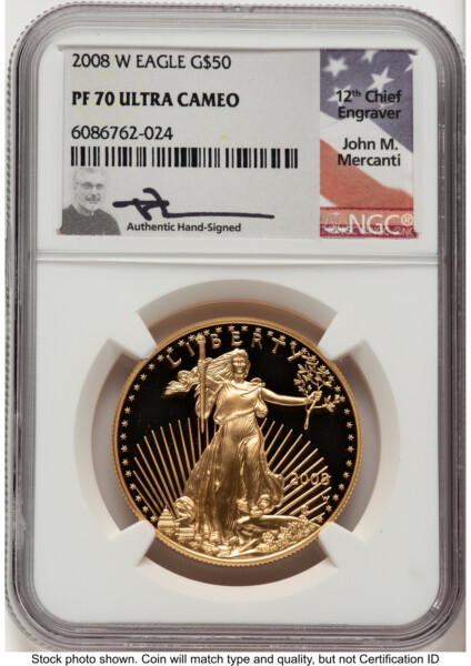 2008-W Proof Gold Eagle 1 oz John Mercanti 70 NGC