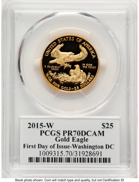 2015-W Proof Gold Eagle 1/2 oz FDI John Mercanti Washington DC 70 PCGS