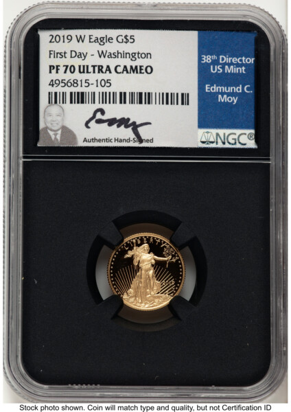 2019-W Proof Gold Eagle 1/10 oz FDI Ed Moy Blk Core Washington DC 70 NGC