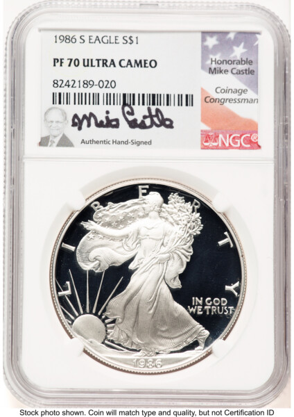 1986-S Proof Silver Eagle 1 oz Mike Castle 70 NGC