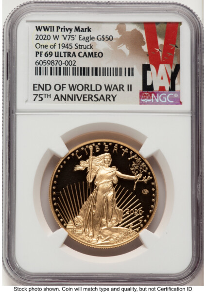 2020-W Proof Gold Eagle V75 Privy One of 1945 Struck 1 oz V-Day Label 69 NGC