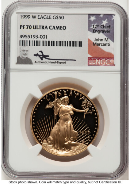 1999-W Proof Gold Eagle 1 oz John Mercanti 70 NGC