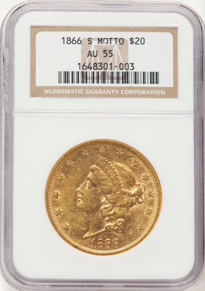 1866-S $20 MOTTO 55 NGC